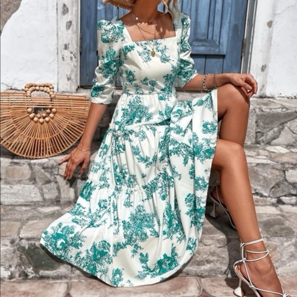 SHEIN White and Green Toile Print Dress Small